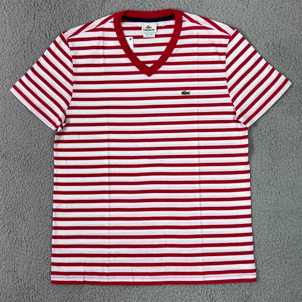 Lacoste T-Shirt Men US L (EU/M) Red White Striped V-Neck Pima Cotton Vintage